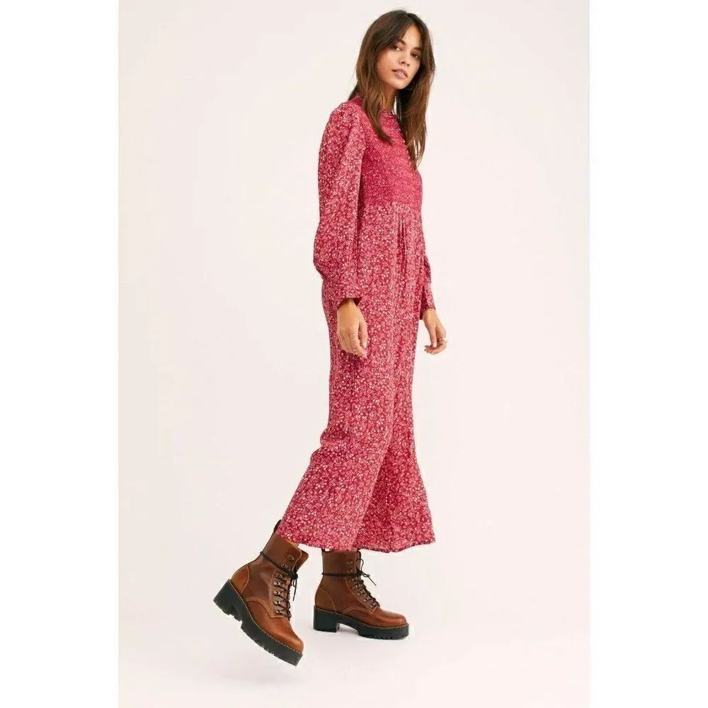 NEW FREE PEOPLE SAINT HELENA SHANGRI-LA SMOCKED WIDE LEG PRINTED JUMPSUIT
